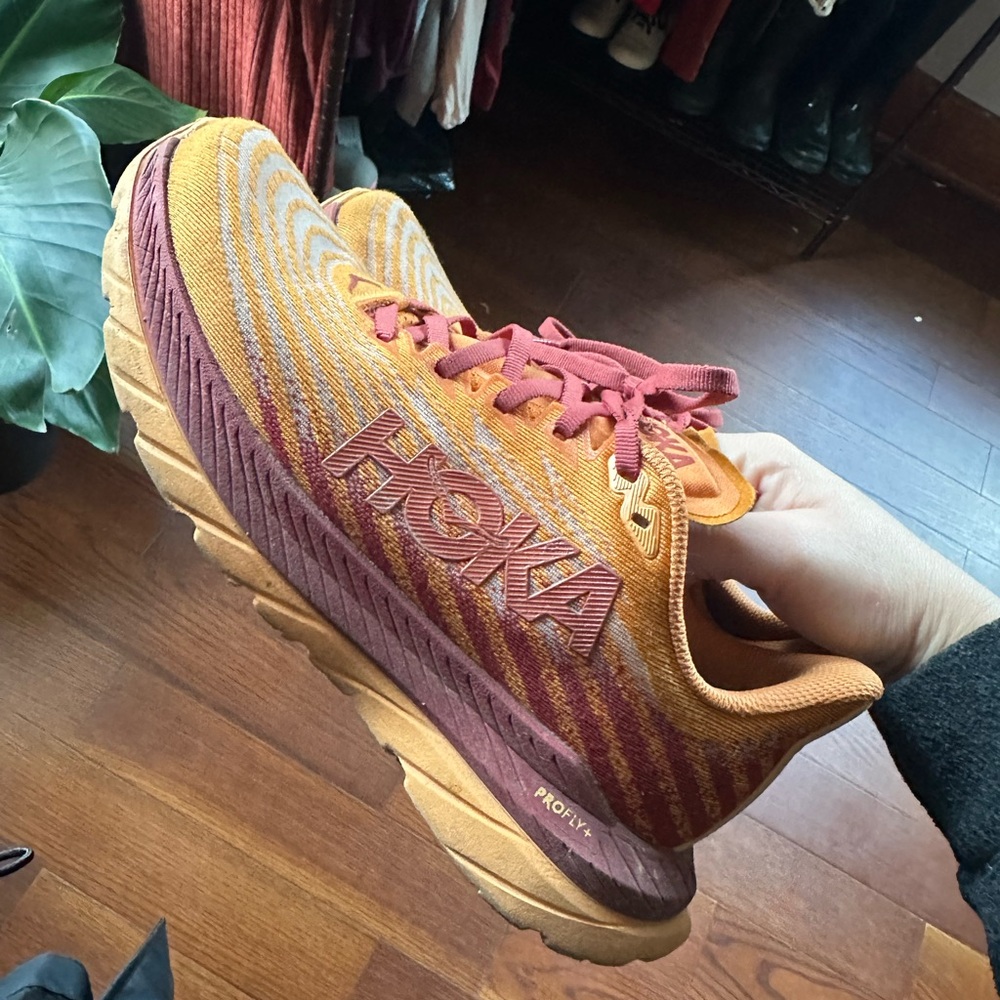Hoka Women's Vibrant Orange and Burgundy Athletic Shoes